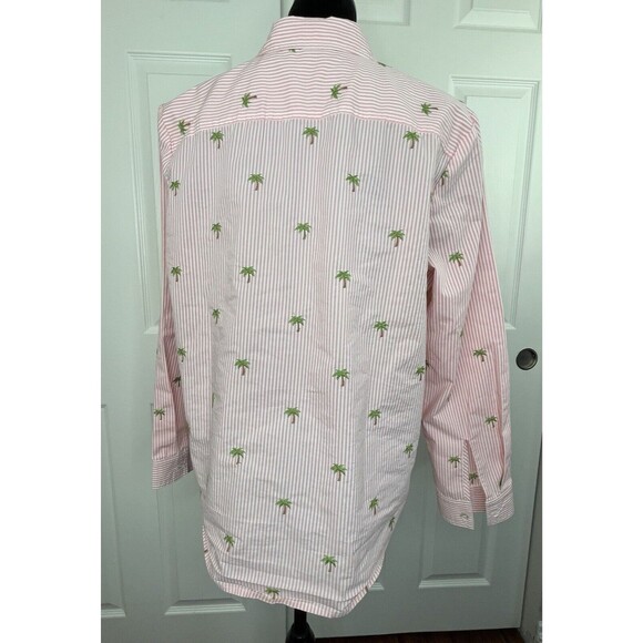 Lemon Way Shirt Womens Large Pink Striped Button Up Palm Trees Embroidery Preppy - Picture 2 of 11